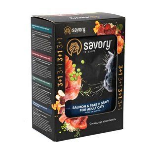 Набір паучів Savory Adult "3+1" для котів, лосось з горохом у соусі, 85 г Savory_032818 фото