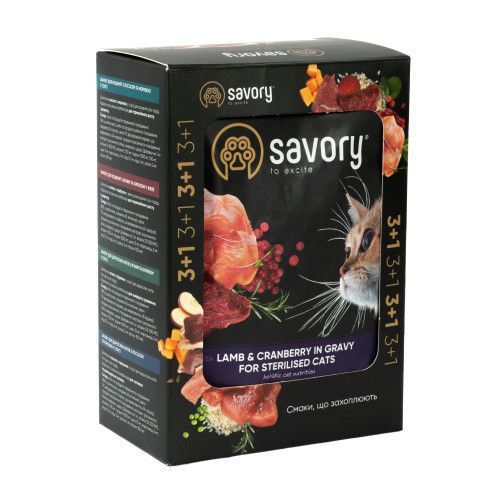 Набір вологих кормів Savory "3+1" для стерилізованих котів, ягня з журавлиною у соусі, паучі, 4 шт 85 г Акція Savory_047613 фото