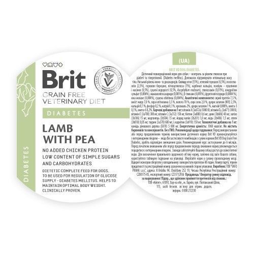 Влажный корм Brit GF VetDiet Diabetes для собак с сахарным диабетом, с ягненком и горошком, 400 г 100263/5910 фото