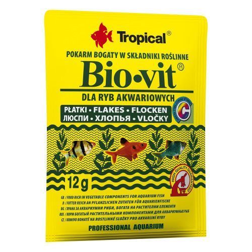 Сухий корм Tropical Bio-Vit для травоїдних акваріумних риб, 12 г (пластівці) 74411 фото