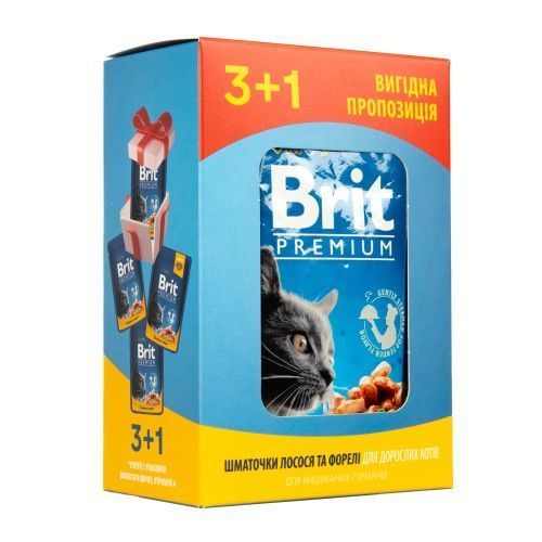 Набор паучей "3+1" для кошек Brit Premium Cat pouch с лососем и форелью, 4 х 100г VAFO_030325 фото