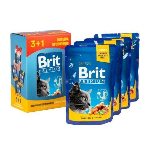 Набор паучей "3+1" для кошек Brit Premium Cat pouch с лососем и форелью, 4 х 100г VAFO_030325 фото