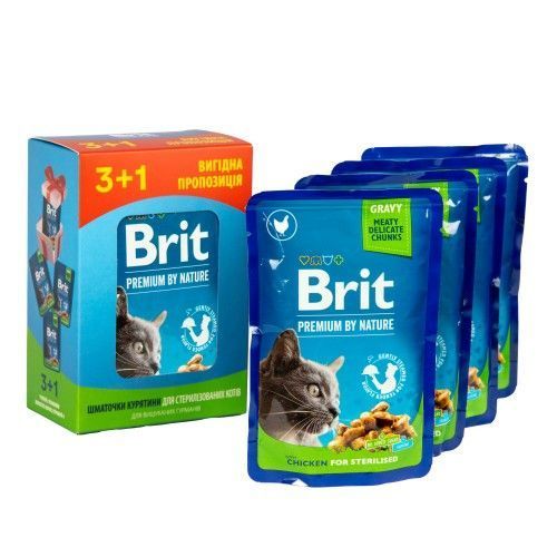 Набор паучей "3+1" для стерилизованных кошек Brit Premium Cat pouch Chicken Slices for Sterilised с курицей, 4х100г VAFO_030356 фото
