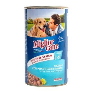 Вологий корм Migliorcane для собак, шматочки з рибою та білим м'ясом, 1250 г 01148 фото